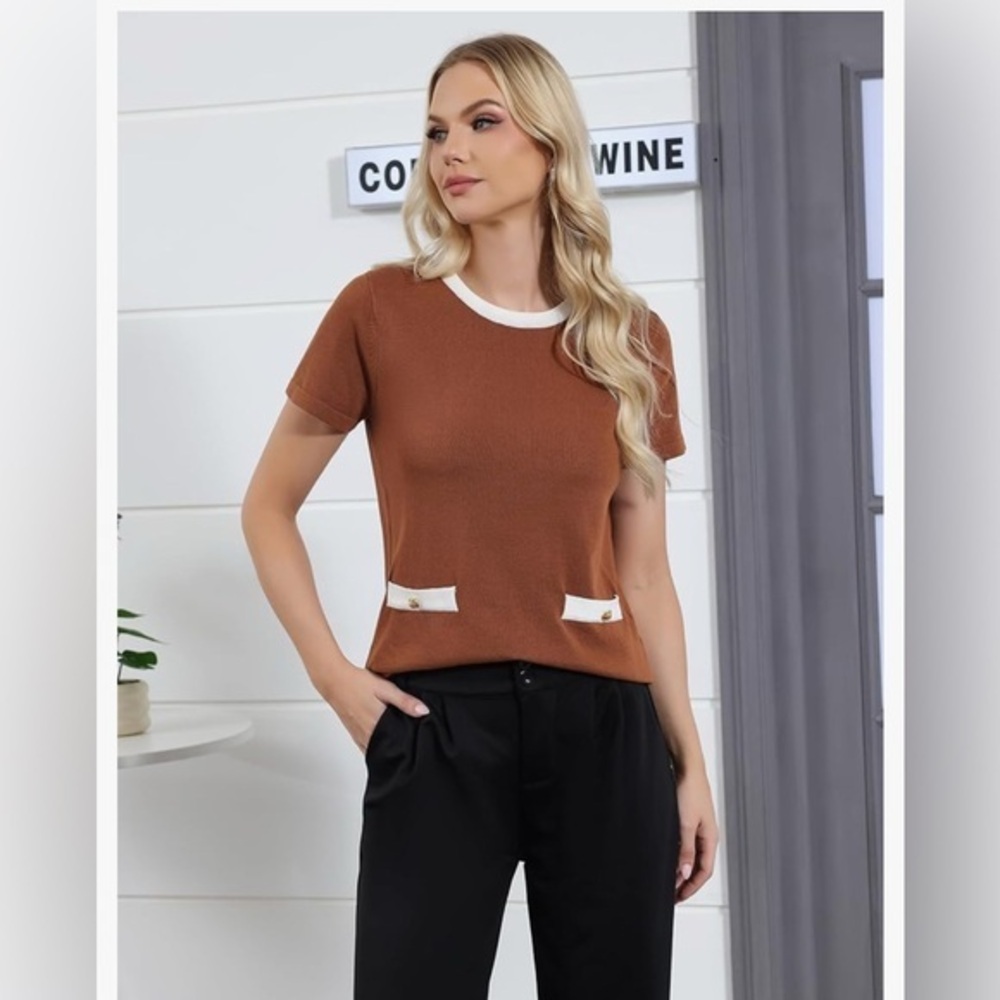 Women's Knit Top Crew Neck Short Sleeve Tops Summer Casual Top Brown NWT